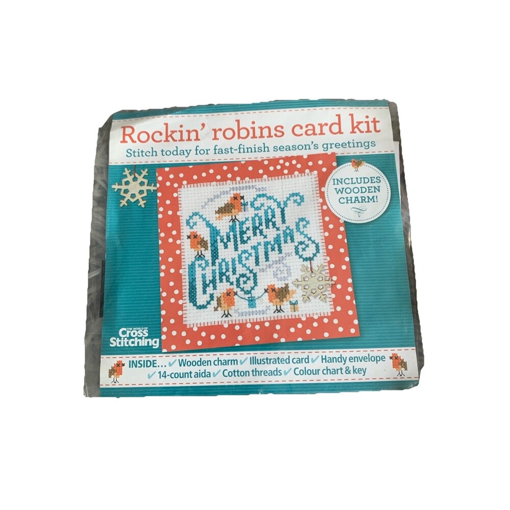 Rockin Robins Merry Christmas Card Kit With Wooden Charm Festive Cross Stitching